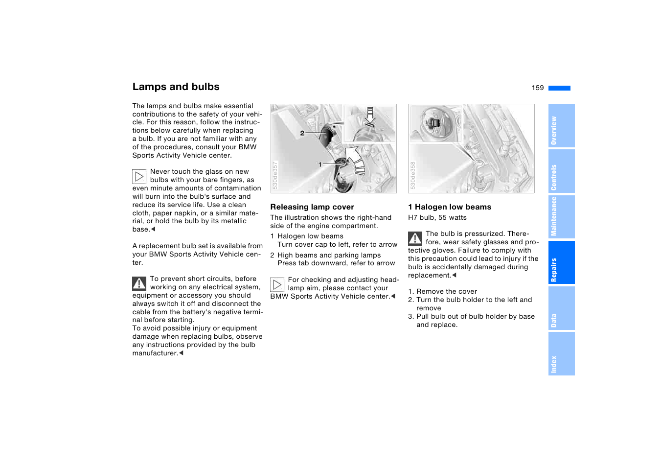Lamps and bulbs | BMW X5 3.0i SAV 2005 User Manual | Page 159 / 200