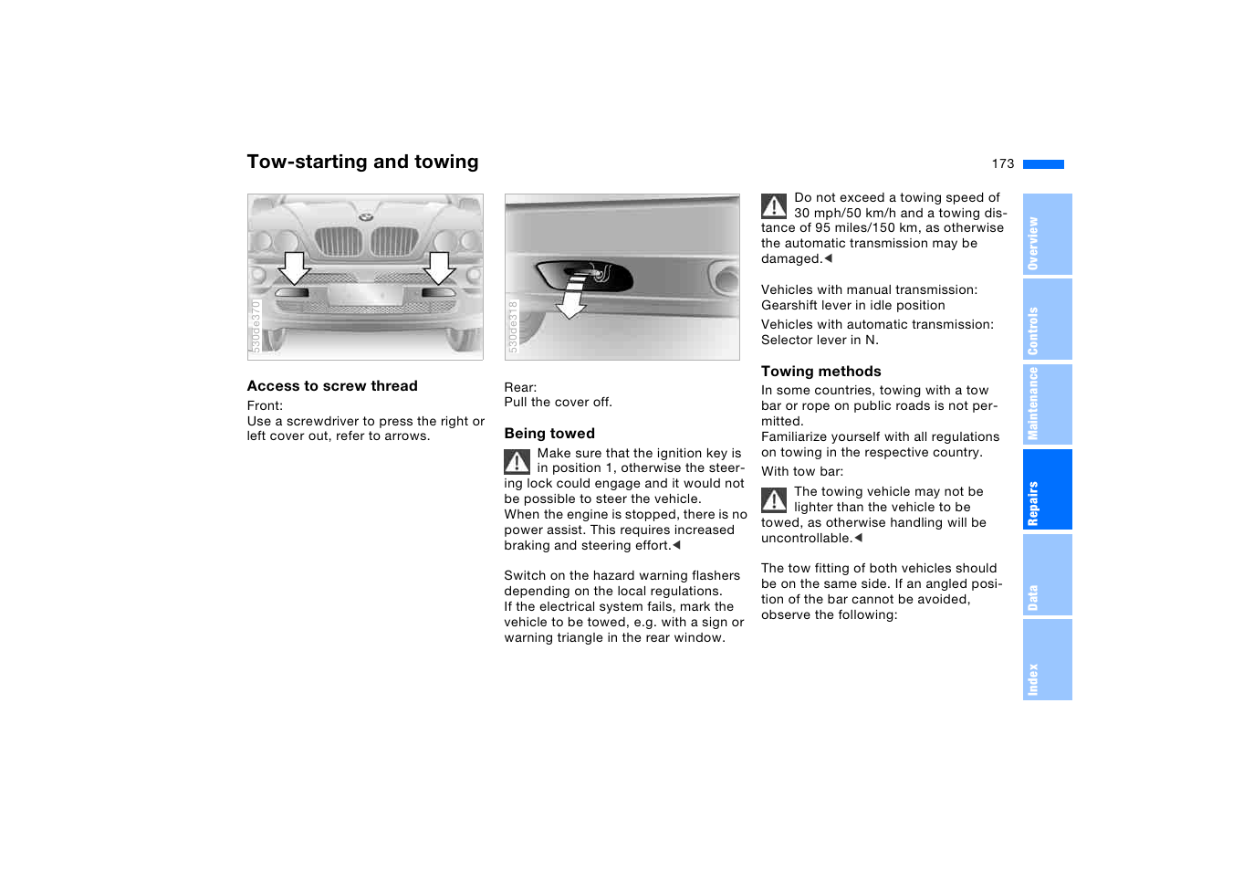 Tow-starting and towing | BMW X5 3.0i SAV 2005 User Manual | Page 173 / 200