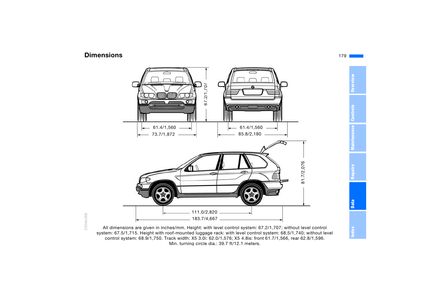 Dimensions | BMW X5 3.0i SAV 2005 User Manual | Page 179 / 200