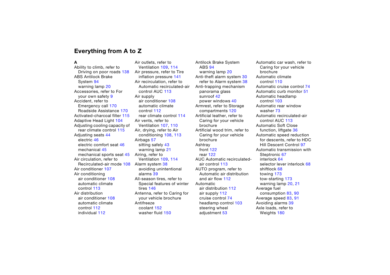 Keywords a-z, A to z, Everything from a to z | BMW X5 3.0i SAV 2005 User Manual | Page 184 / 200