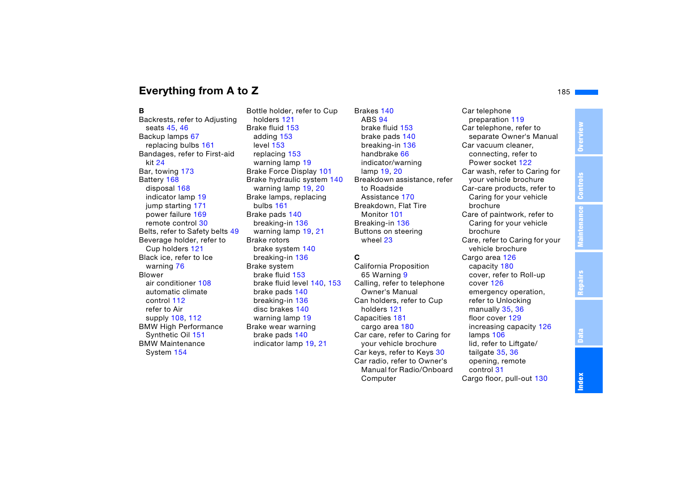 Everything from a to z | BMW X5 3.0i SAV 2005 User Manual | Page 185 / 200