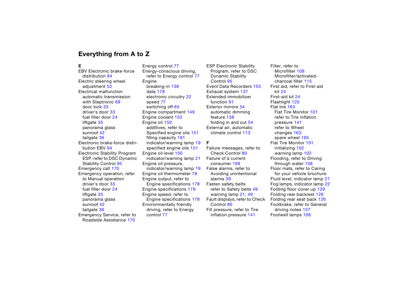 Everything from a to z | BMW X5 3.0i SAV 2005 User Manual | Page 188 / 200