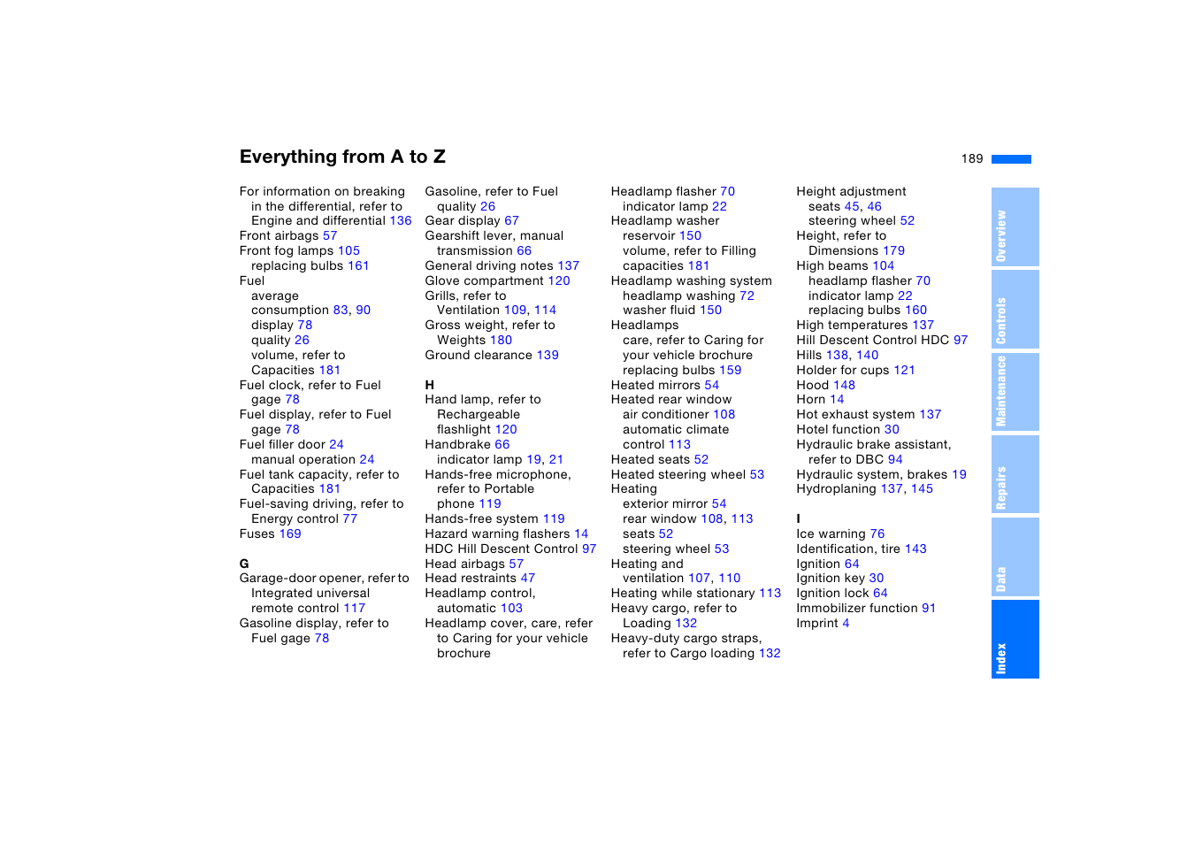 Everything from a to z | BMW X5 3.0i SAV 2005 User Manual | Page 189 / 200