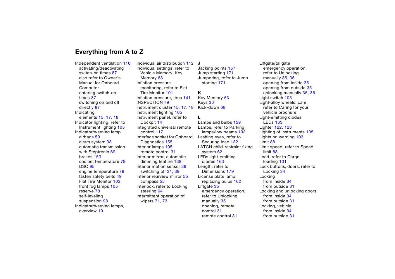 Everything from a to z | BMW X5 3.0i SAV 2005 User Manual | Page 190 / 200