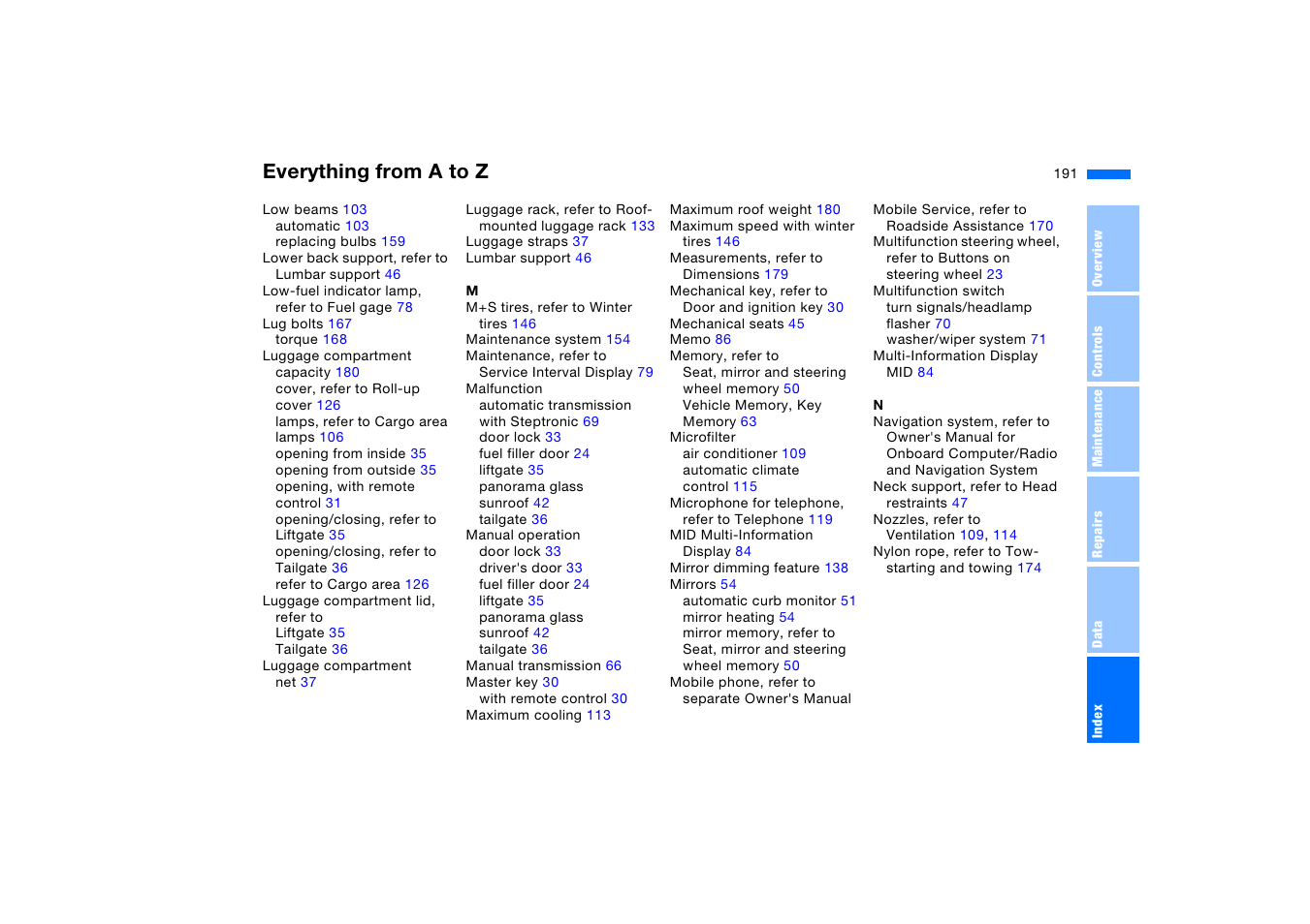 Everything from a to z | BMW X5 3.0i SAV 2005 User Manual | Page 191 / 200