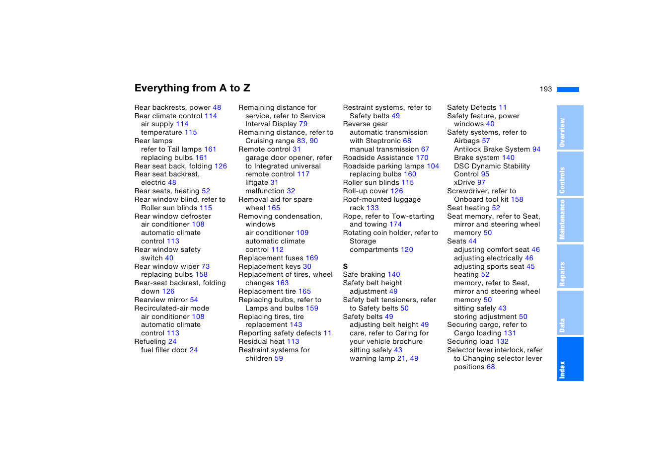 Everything from a to z | BMW X5 3.0i SAV 2005 User Manual | Page 193 / 200