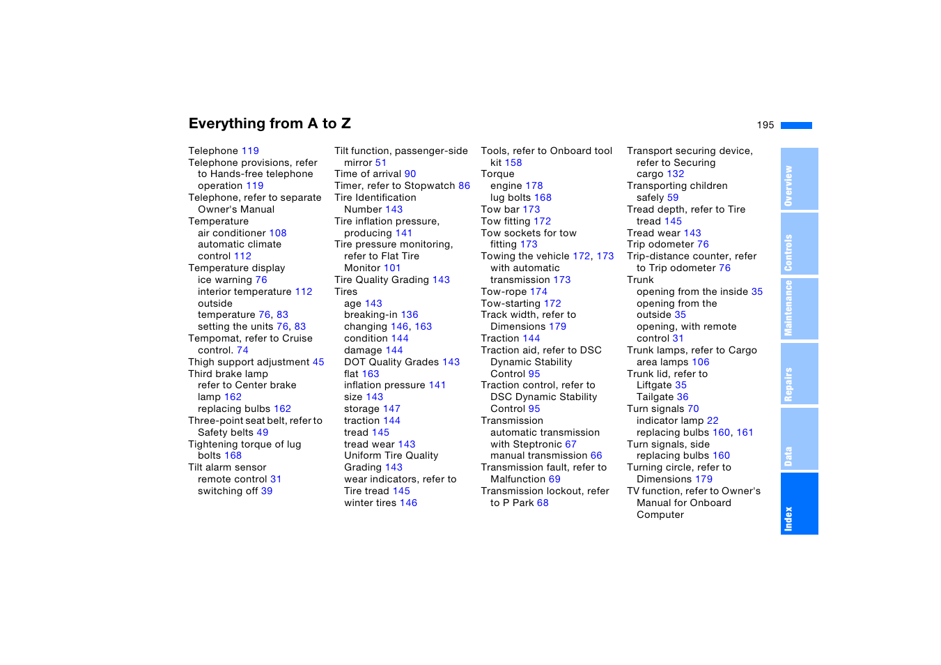 Everything from a to z | BMW X5 3.0i SAV 2005 User Manual | Page 195 / 200