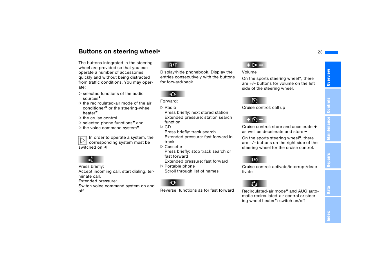 Buttons on steering wheel | BMW X5 3.0i SAV 2005 User Manual | Page 23 / 200