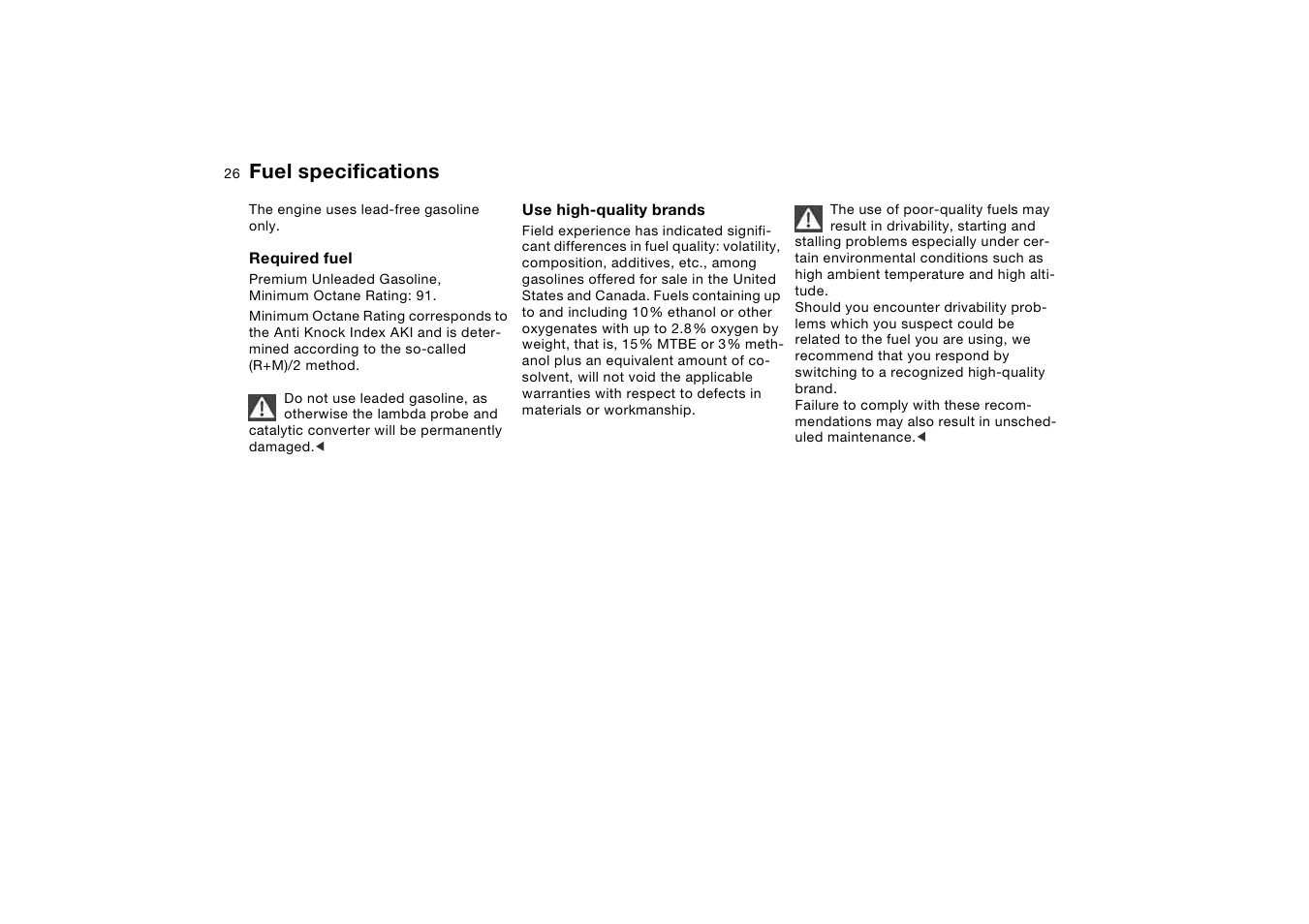 Fuel specifications | BMW X5 3.0i SAV 2005 User Manual | Page 26 / 200