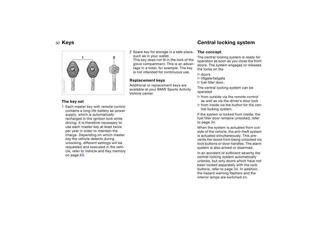 Keys, Central locking system, Keys central locking system | BMW X5 3.0i SAV 2005 User Manual | Page 30 / 200