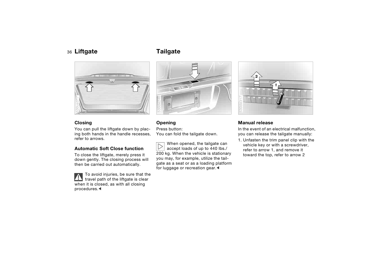 Tailgate, Liftgate tailgate | BMW X5 3.0i SAV 2005 User Manual | Page 36 / 200