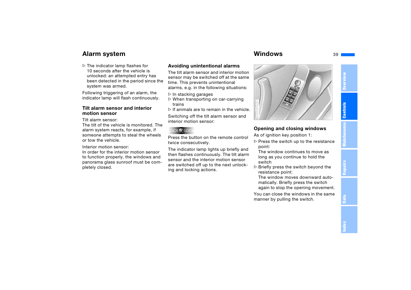 Windows, Alarm system windows | BMW X5 3.0i SAV 2005 User Manual | Page 39 / 200