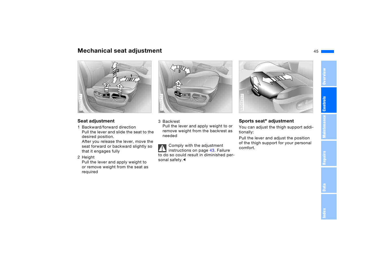 Mechanical seat adjustment | BMW X5 3.0i SAV 2005 User Manual | Page 45 / 200