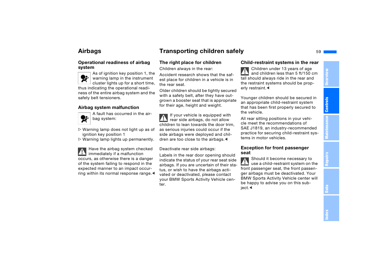 Transporting children safely, Airbags transporting children safely | BMW X5 3.0i SAV 2005 User Manual | Page 59 / 200