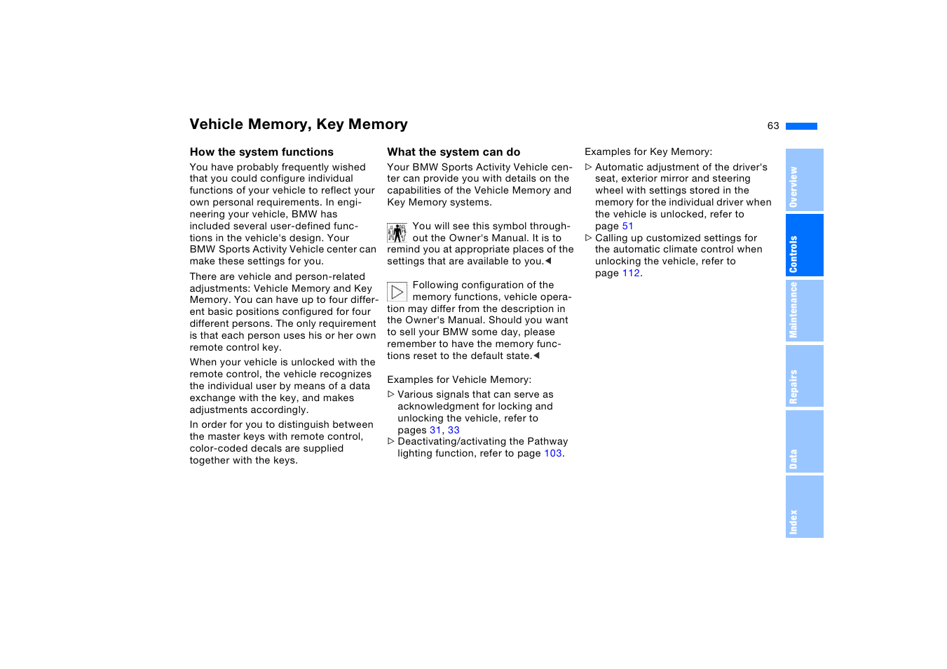 Vehicle memory, key memory, Vehicle memory, Key memory | BMW X5 3.0i SAV 2005 User Manual | Page 63 / 200