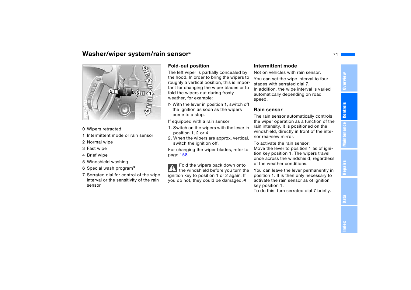 Washer/wiper system/rain sensor, Nsor | BMW X5 3.0i SAV 2005 User Manual | Page 71 / 200