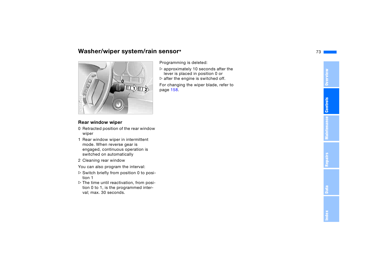 Washer/wiper system/rain sensor | BMW X5 3.0i SAV 2005 User Manual | Page 73 / 200