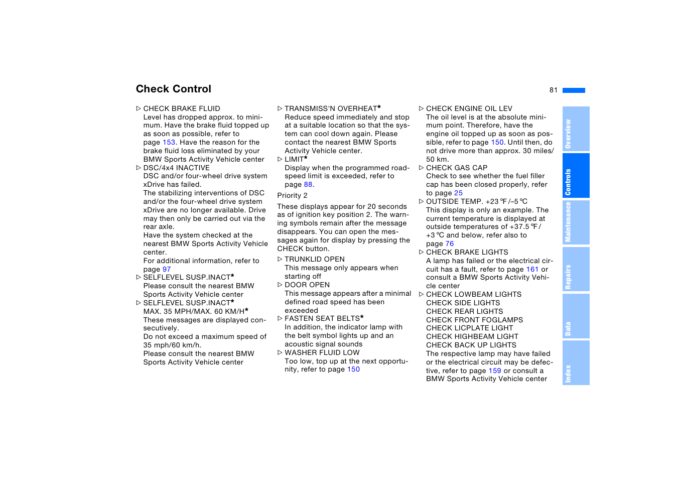 Check control | BMW X5 3.0i SAV 2005 User Manual | Page 81 / 200