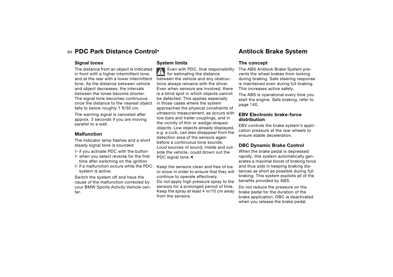 Antilock brake system, Pdc park distance control | BMW X5 3.0i SAV 2005 User Manual | Page 94 / 200