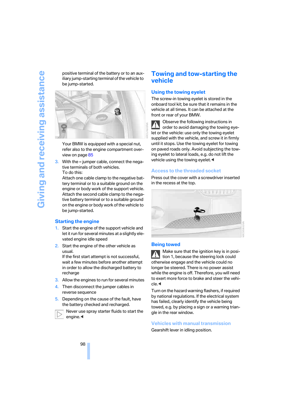 Towing and tow-starting the vehicle, Giving and receiving assistance | BMW Z4 Roadster 2.5i 2005 User Manual | Page 100 / 120