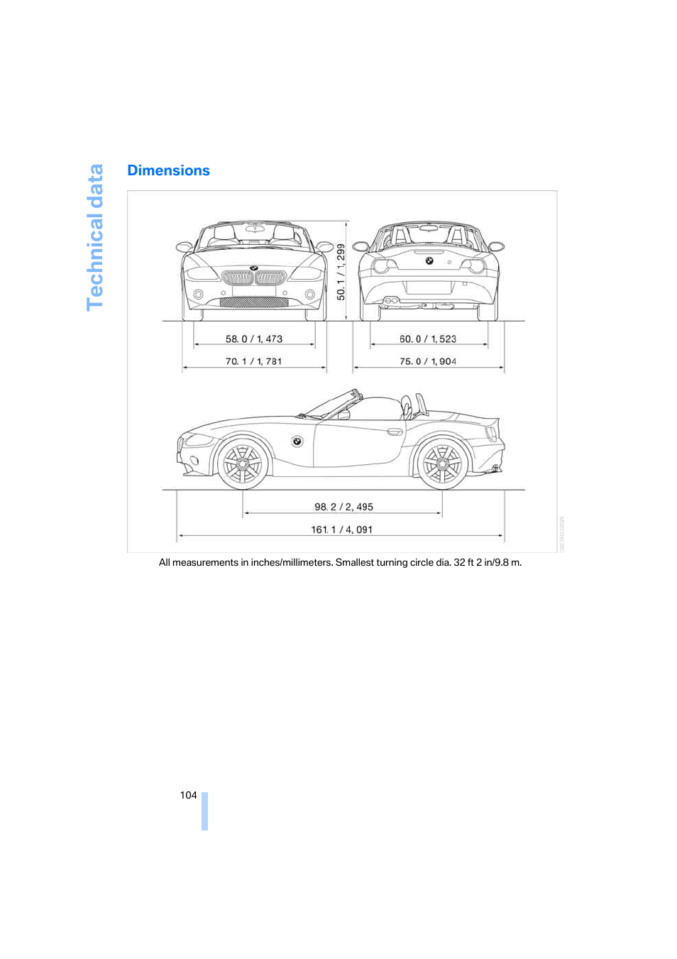 Dimensions, Technical data | BMW Z4 Roadster 2.5i 2005 User Manual | Page 106 / 120