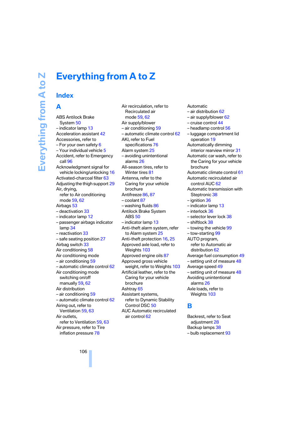 Everything from a to z, Index | BMW Z4 Roadster 2.5i 2005 User Manual | Page 108 / 120