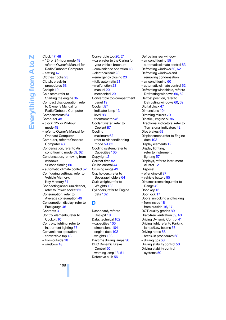 Everything from a to z | BMW Z4 Roadster 2.5i 2005 User Manual | Page 110 / 120