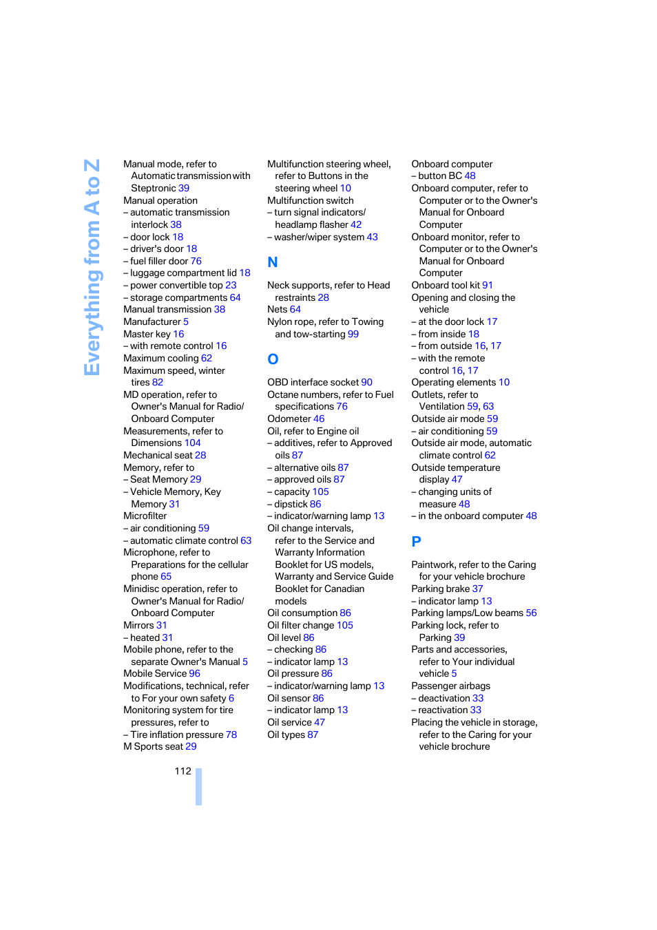 Everything from a to z | BMW Z4 Roadster 2.5i 2005 User Manual | Page 114 / 120