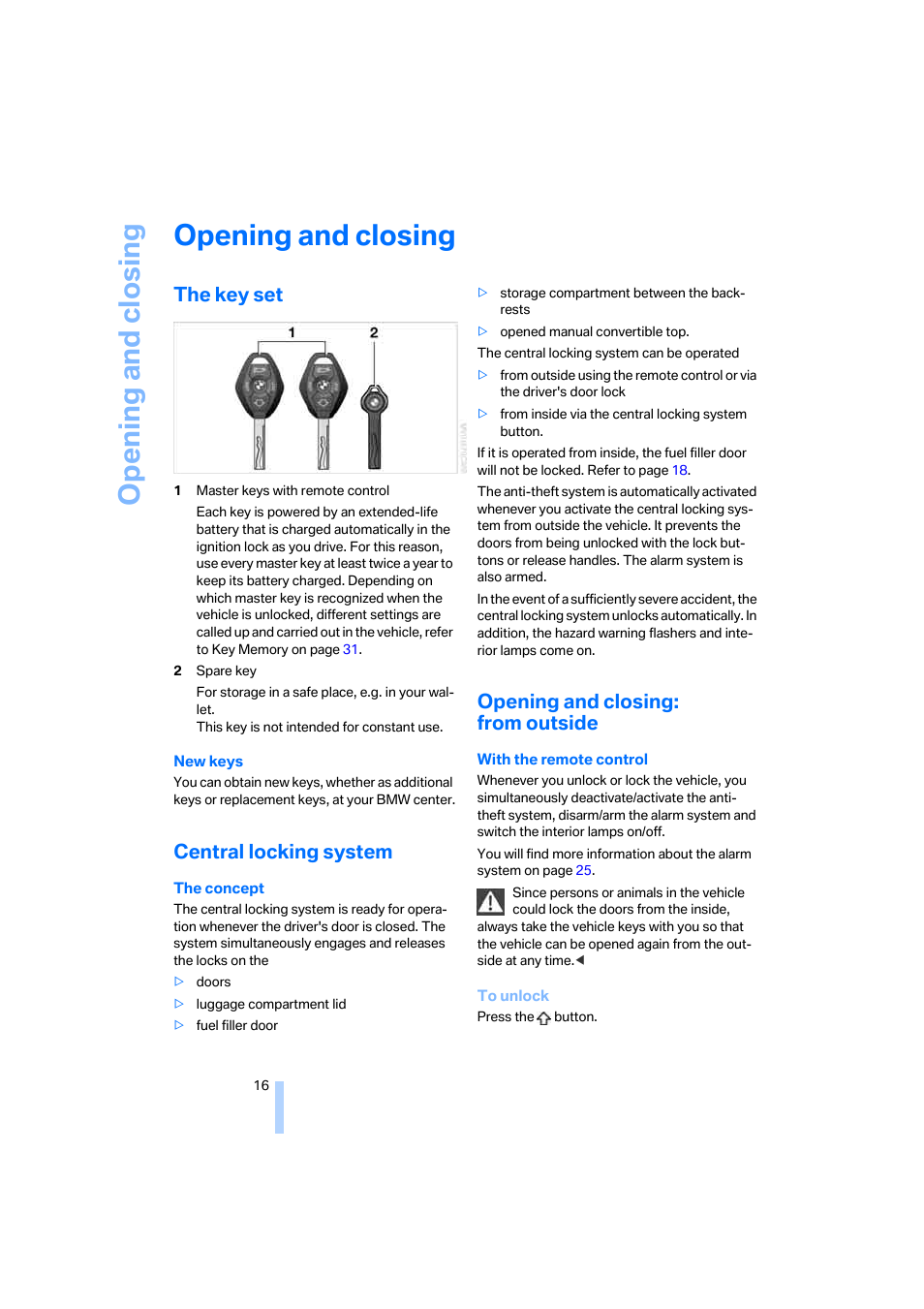 Opening and closing, The key set, Central locking system | Opening and closing: from outside, Controls | BMW Z4 Roadster 2.5i 2005 User Manual | Page 18 / 120