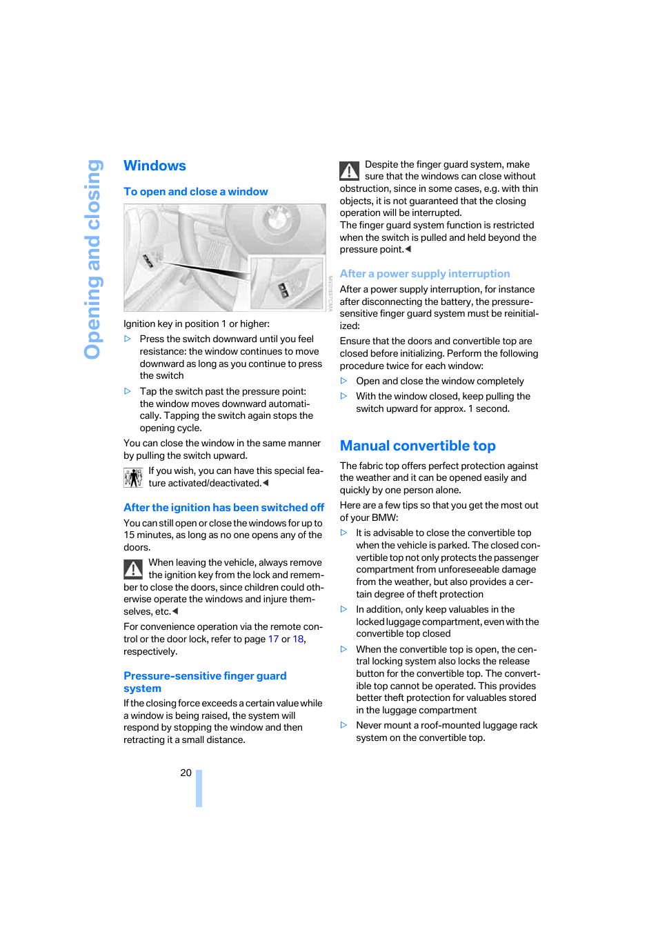 Windows, Manual convertible top, Opening and closing | BMW Z4 Roadster 2.5i 2005 User Manual | Page 22 / 120