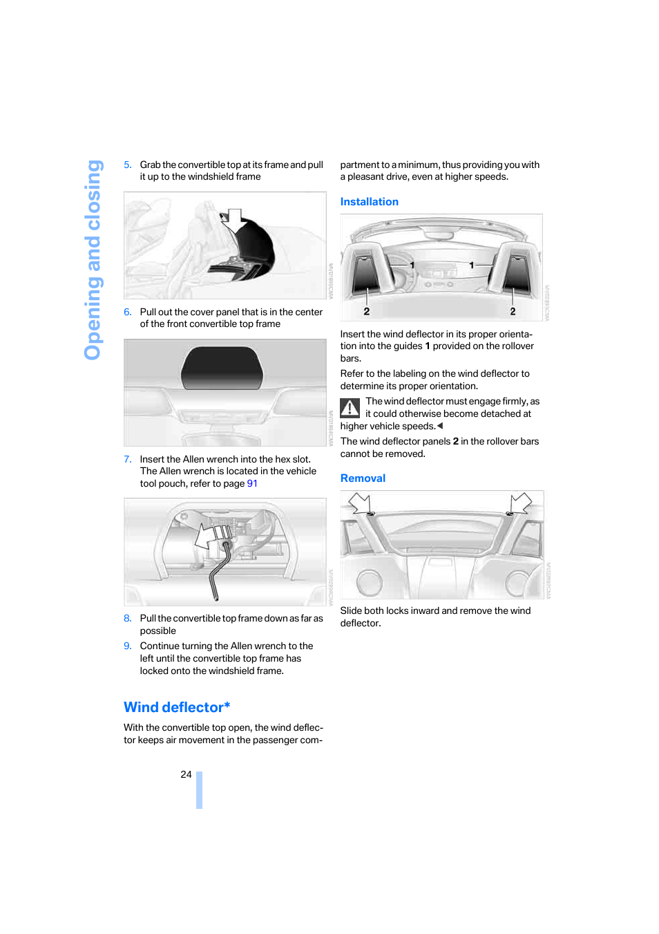 Wind deflector, Opening and closing | BMW Z4 Roadster 2.5i 2005 User Manual | Page 26 / 120