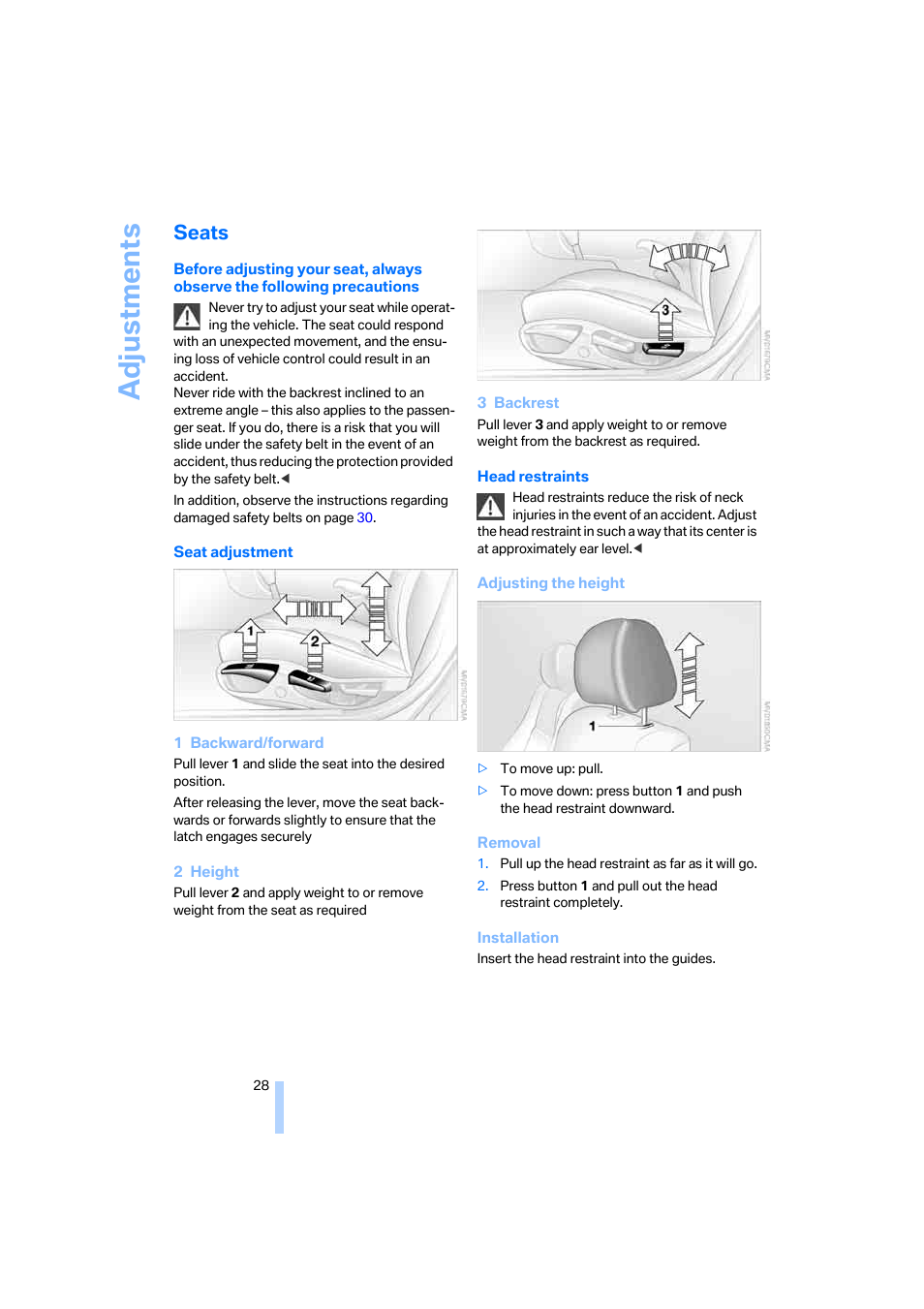 Seats, Adjustments | BMW Z4 Roadster 2.5i 2005 User Manual | Page 30 / 120