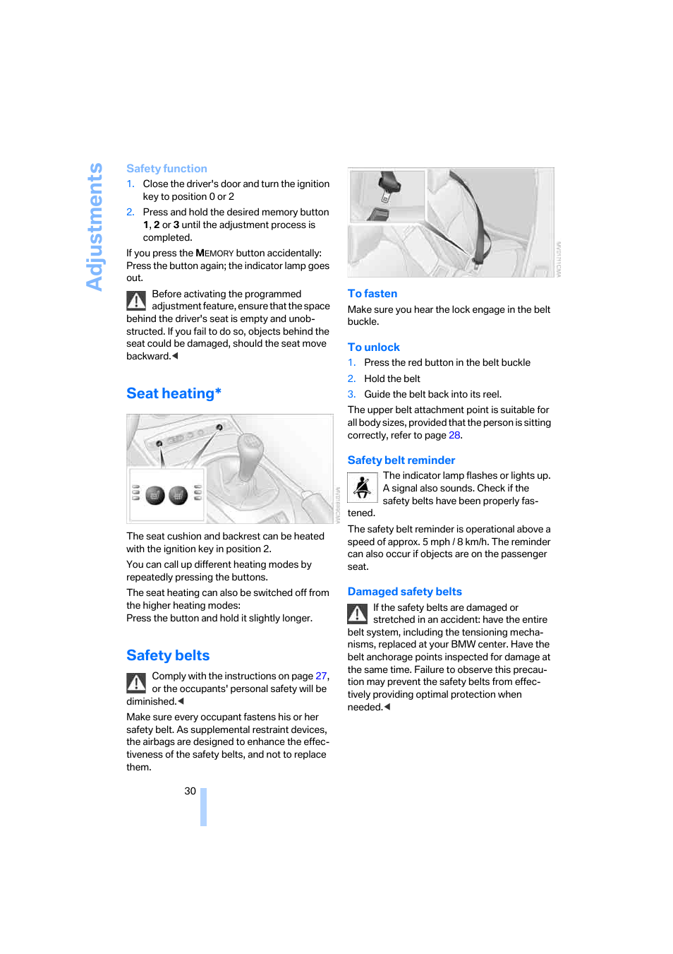 Seat heating, Safety belts, Adjustments | BMW Z4 Roadster 2.5i 2005 User Manual | Page 32 / 120