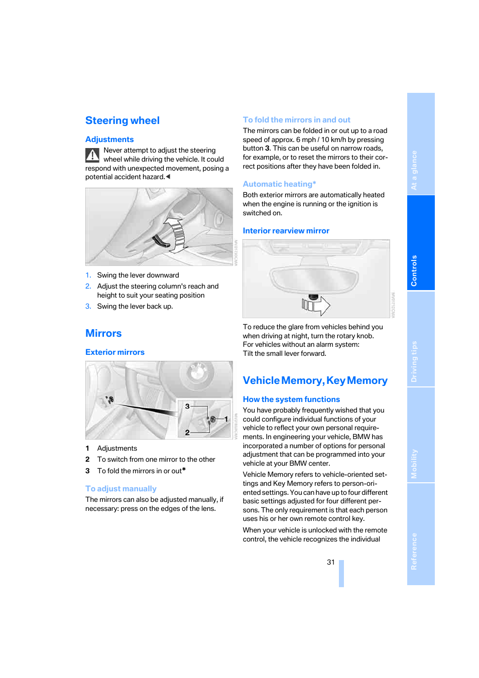 Steering wheel, Mirrors, Vehicle memory, key memory | BMW Z4 Roadster 2.5i 2005 User Manual | Page 33 / 120