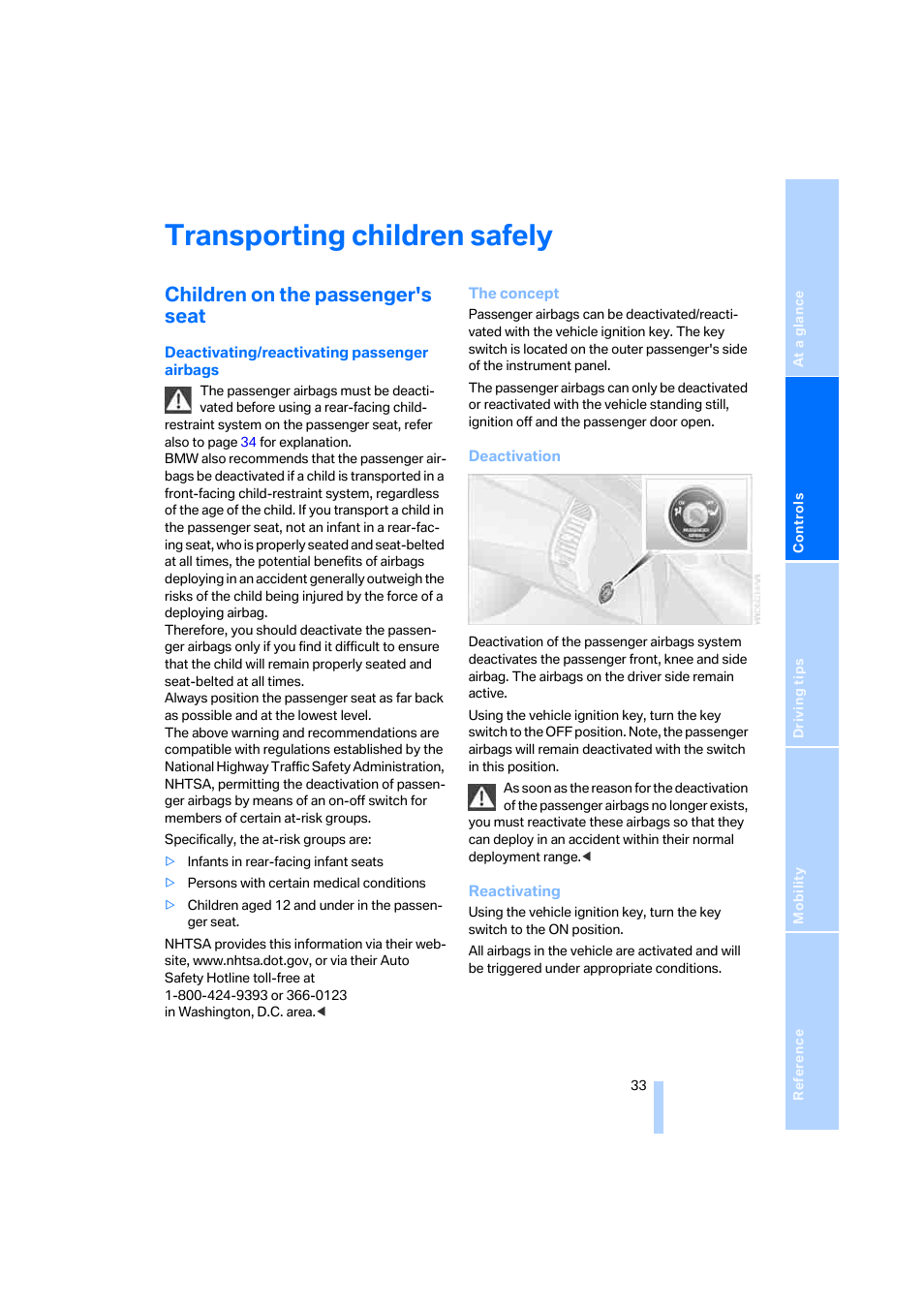 Transporting children safely, Children on the passenger's seat | BMW Z4 Roadster 2.5i 2005 User Manual | Page 35 / 120