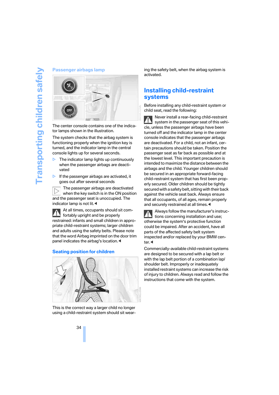 Installing child-restraint systems, Transporting children safely | BMW Z4 Roadster 2.5i 2005 User Manual | Page 36 / 120