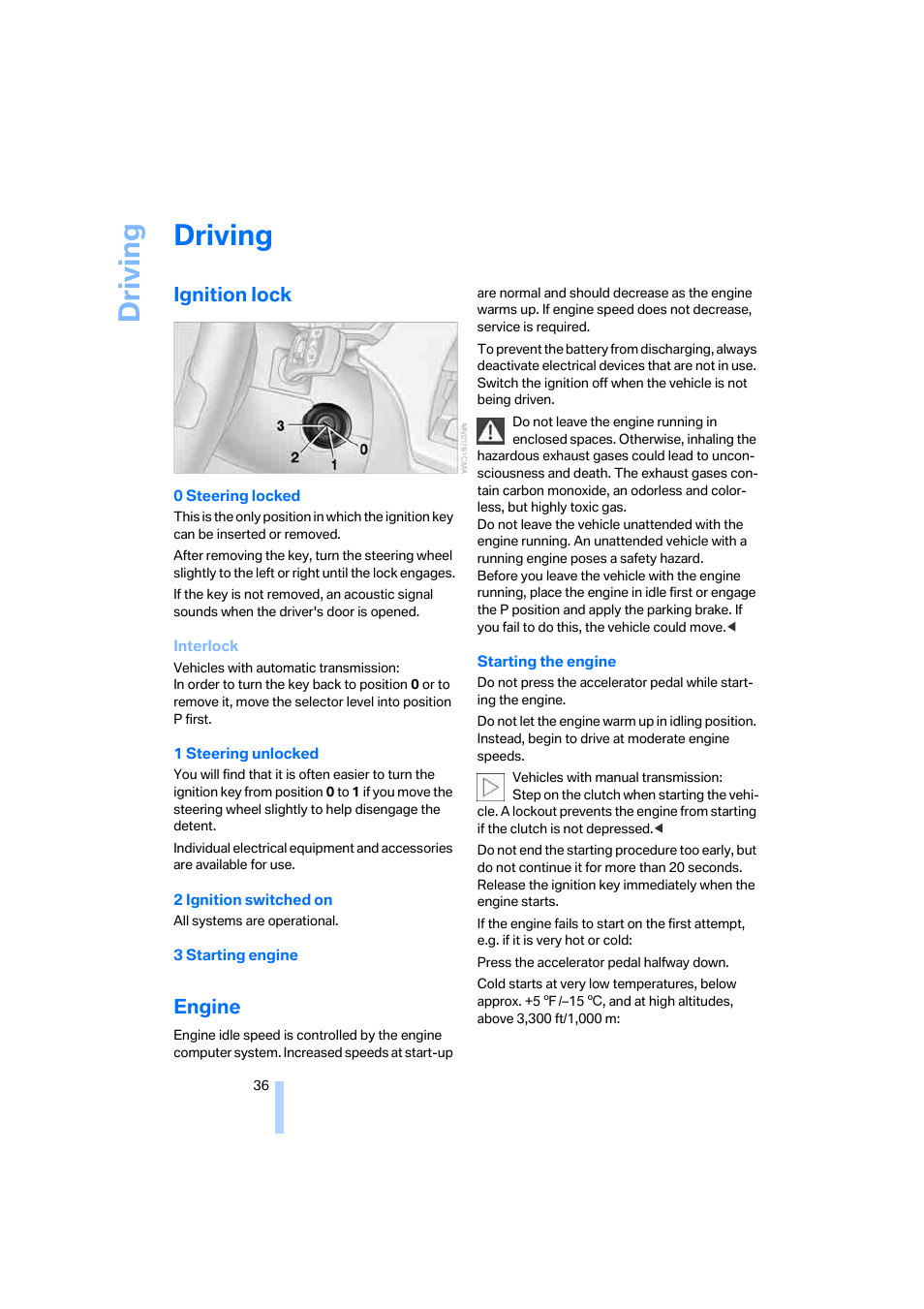 Driving, Ignition lock, Engine | BMW Z4 Roadster 2.5i 2005 User Manual | Page 38 / 120