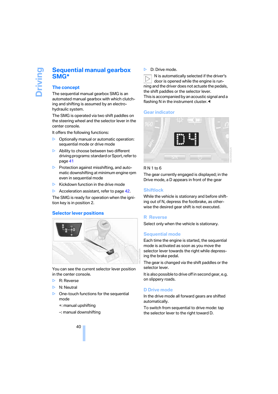 Sequential manual gearbox smg, Driving | BMW Z4 Roadster 2.5i 2005 User Manual | Page 42 / 120