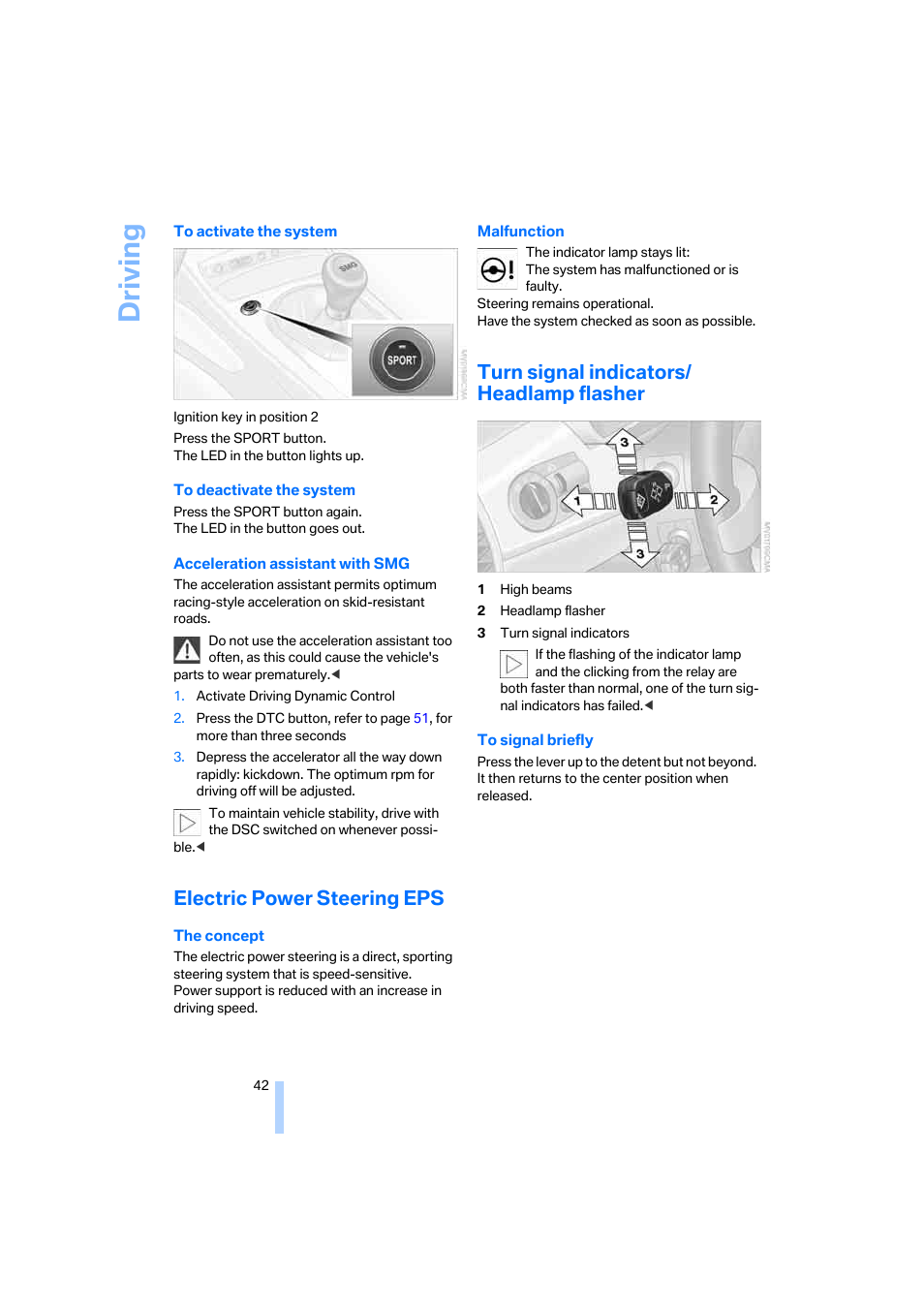 Electric power steering eps, Turn signal indicators/ headlamp flasher, Turn signal indicators | Driving | BMW Z4 Roadster 2.5i 2005 User Manual | Page 44 / 120