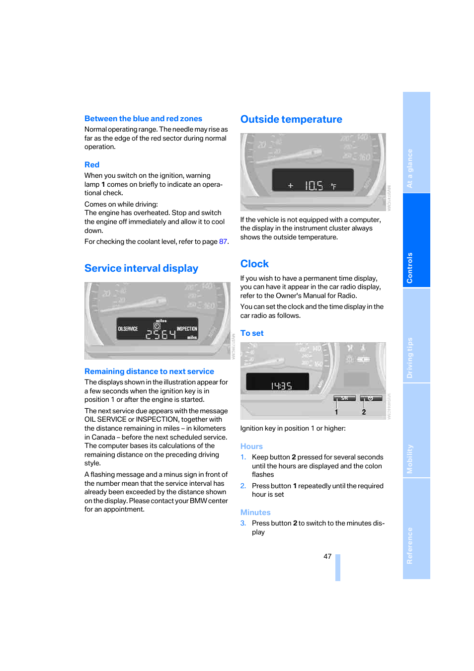 Service interval display, Outside temperature, Clock | Time, Service interval | BMW Z4 Roadster 2.5i 2005 User Manual | Page 49 / 120