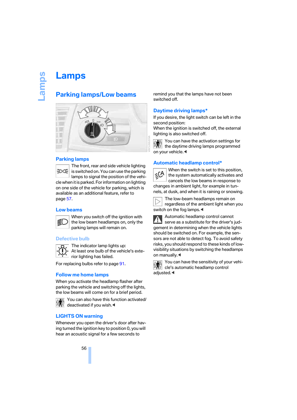 Lamps, Parking lamps/low beams, E bulb | La mps | BMW Z4 Roadster 2.5i 2005 User Manual | Page 58 / 120