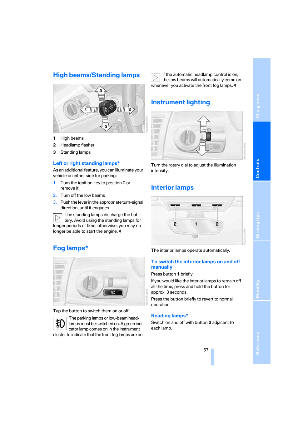 High beams/standing lamps, Fog lamps, Instrument lighting | Interior lamps, Standing lamps | BMW Z4 Roadster 2.5i 2005 User Manual | Page 59 / 120