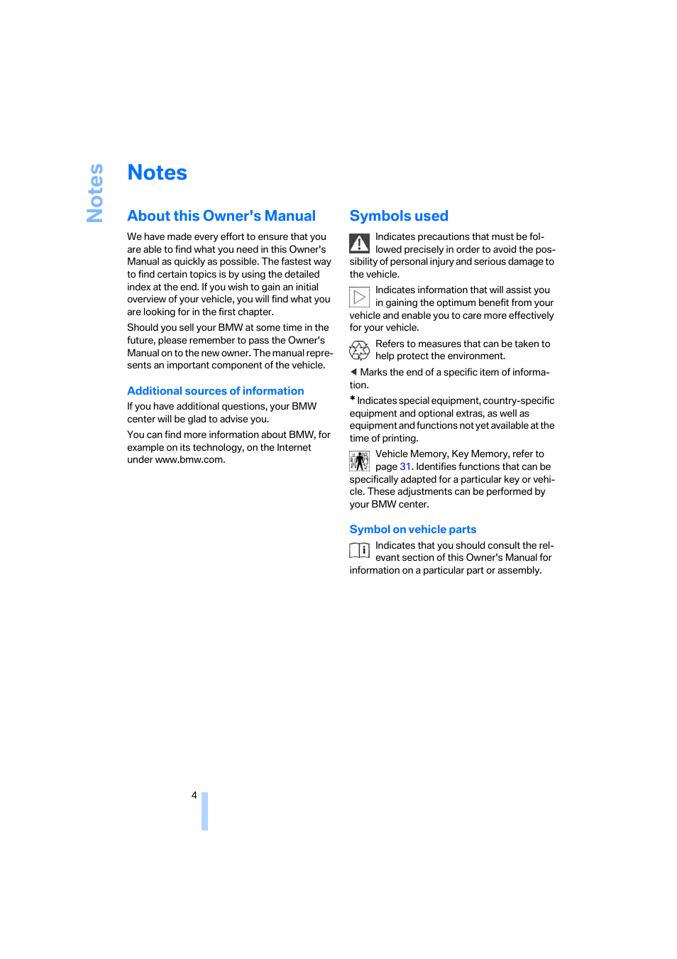 Notes, About this owner's manual, Symbols used | BMW Z4 Roadster 2.5i 2005 User Manual | Page 6 / 120