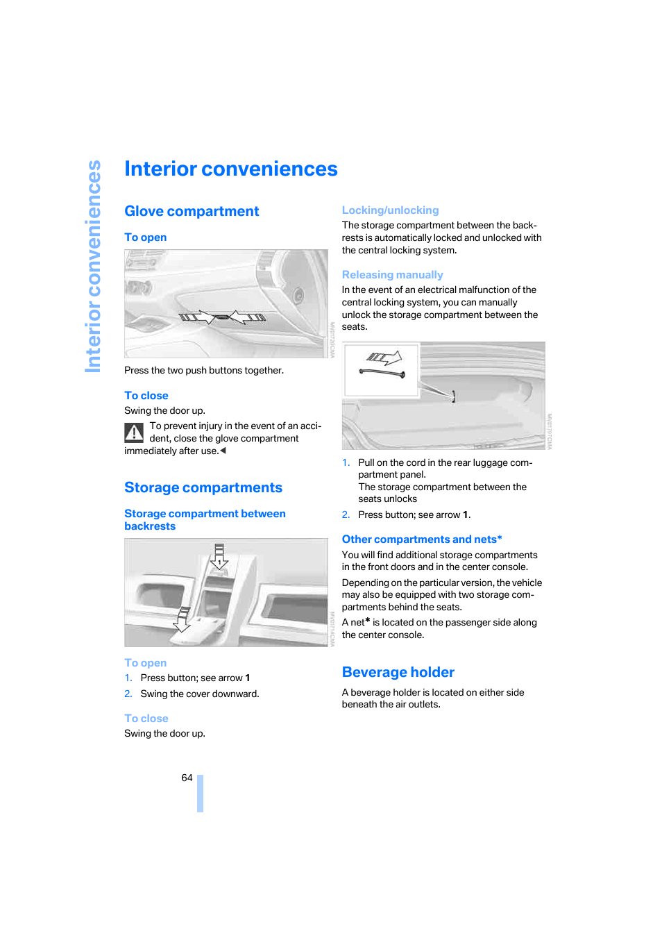 Interior conveniences, Glove compartment, Storage compartments | Beverage holder | BMW Z4 Roadster 2.5i 2005 User Manual | Page 66 / 120