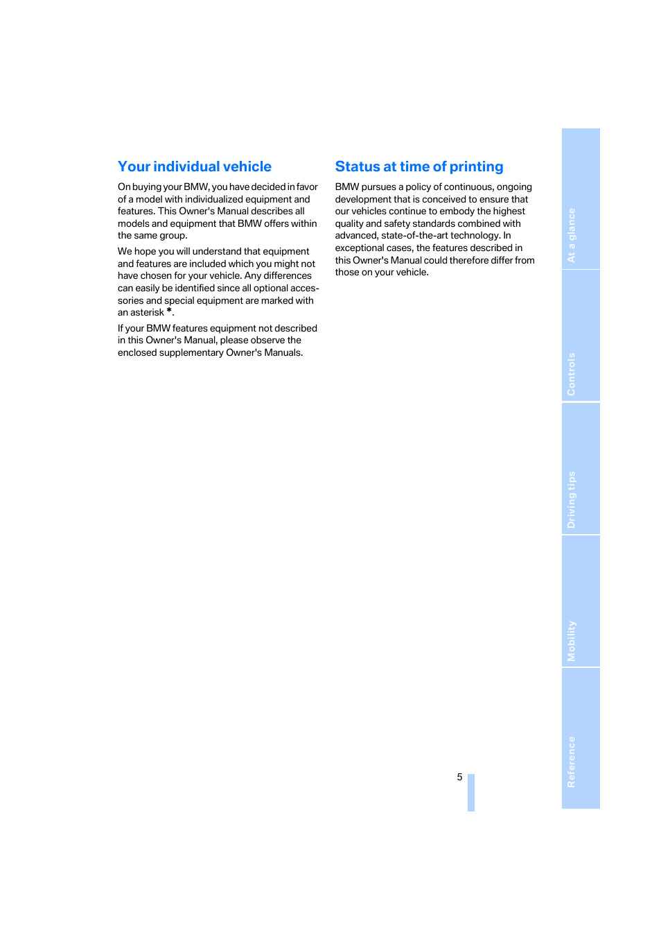 Your individual vehicle, Status at time of printing | BMW Z4 Roadster 2.5i 2005 User Manual | Page 7 / 120