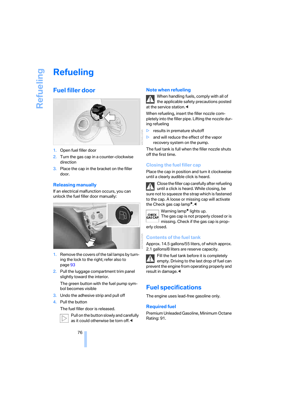 Refueling, Fuel filler door, Fuel specifications | Mobi | BMW Z4 Roadster 2.5i 2005 User Manual | Page 78 / 120