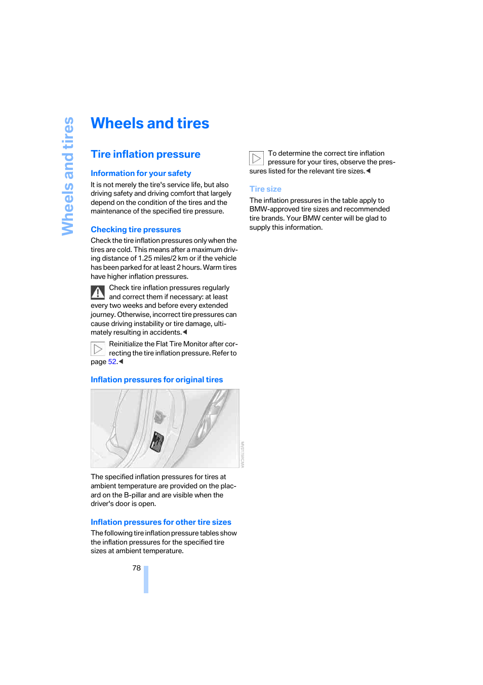 Wheels and tires, Tire inflation pressure | BMW Z4 Roadster 2.5i 2005 User Manual | Page 80 / 120