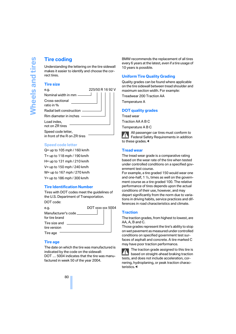 Tire coding, Wheels and tires | BMW Z4 Roadster 2.5i 2005 User Manual | Page 82 / 120