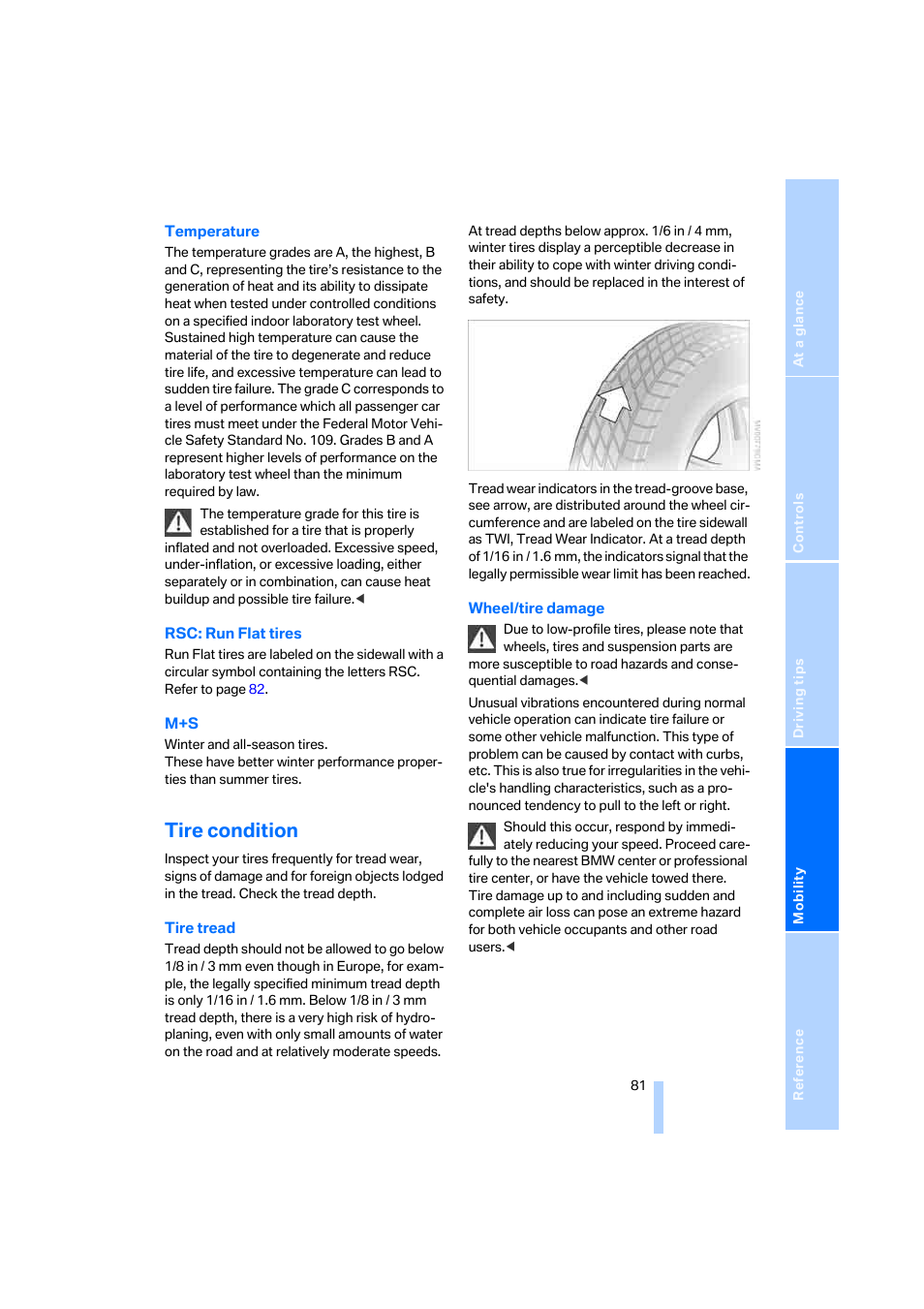 Tire condition | BMW Z4 Roadster 2.5i 2005 User Manual | Page 83 / 120
