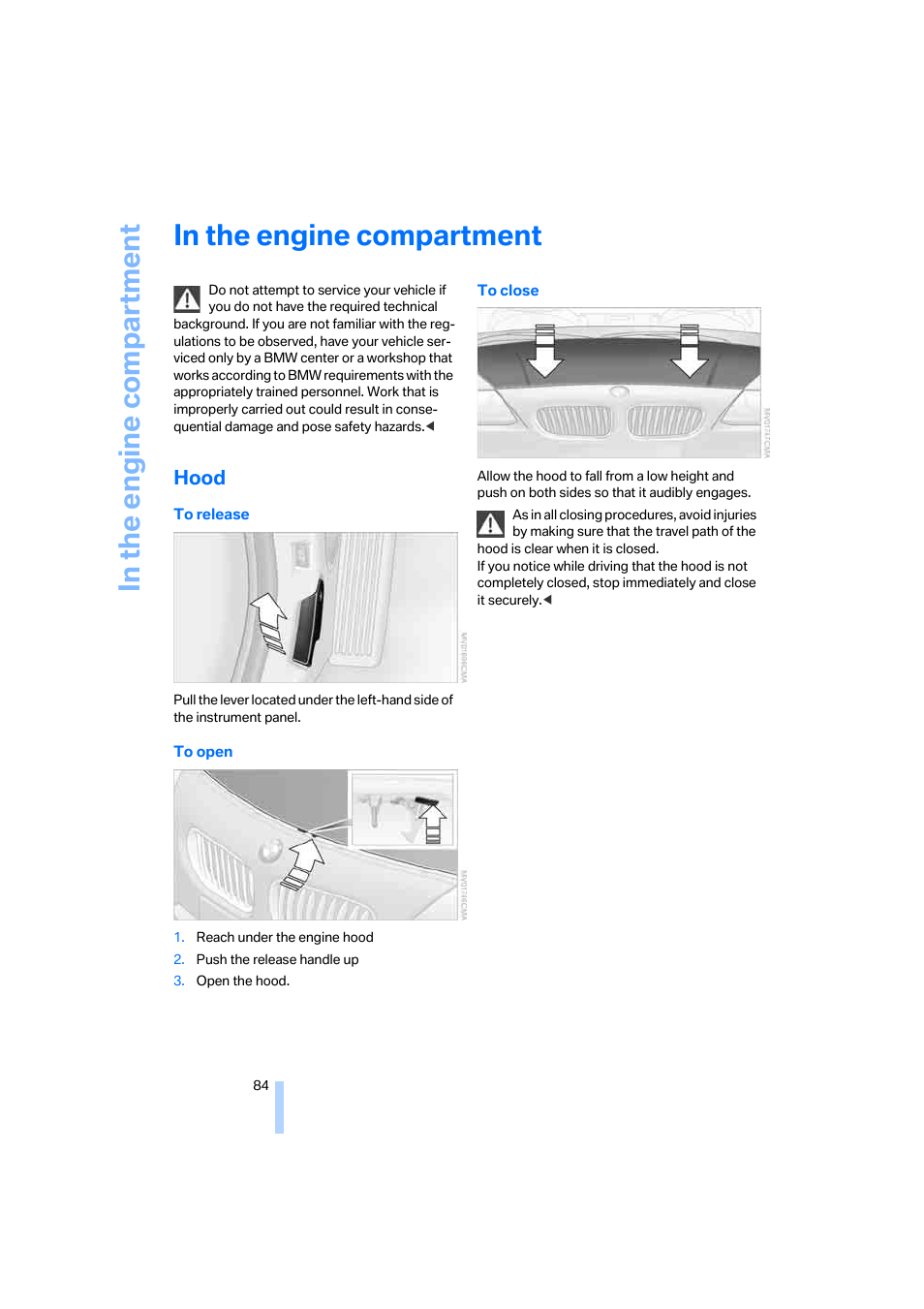 In the engine compartment, Hood | BMW Z4 Roadster 2.5i 2005 User Manual | Page 86 / 120